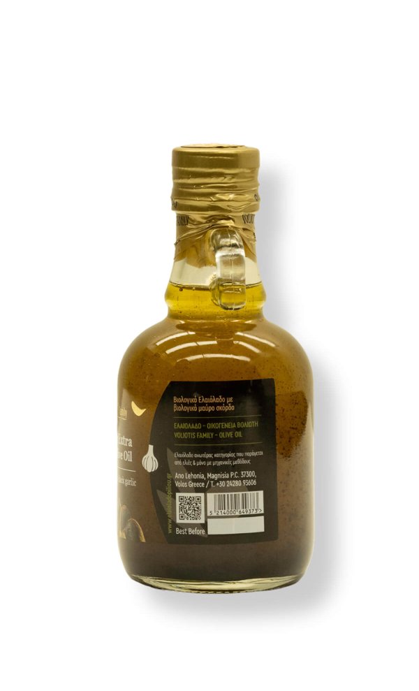 Aromatic organic extra virgin olive oil enriched with organic black garlic extract