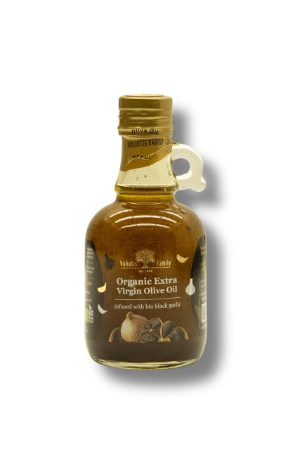Aromatic organic extra virgin olive oil enriched with organic black garlic extract